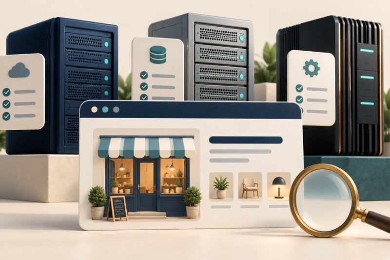 A business owner comparing three server platforms on a workbench.