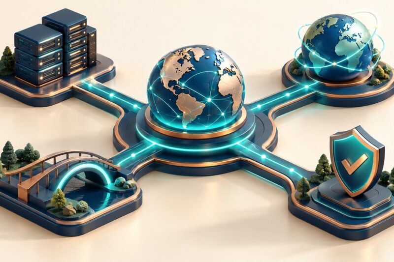 Four distinct network paths connecting a domain hub to web services