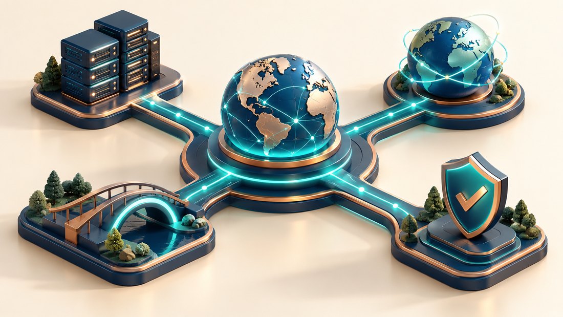 Four distinct network paths connecting a domain hub to web services