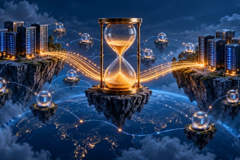 Two server locations connected by a domain clock and a controlled migration path