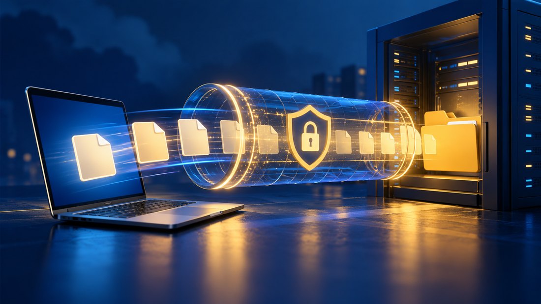 An encrypted file transfer connects a laptop to a restricted website directory.