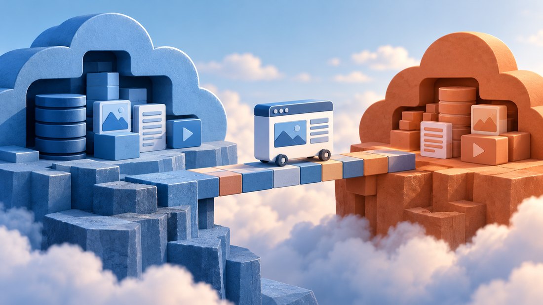 A website application moves between distinct hosting platforms with its data and configuration.