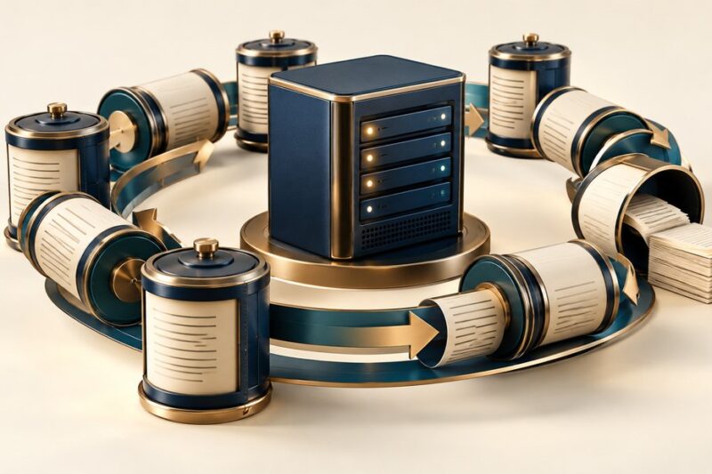 A circular sequence of log containers around a server