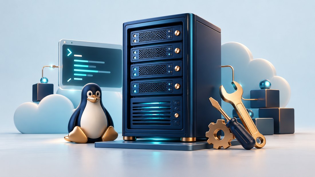 Fresh server terminal beside a carefully arranged toolkit