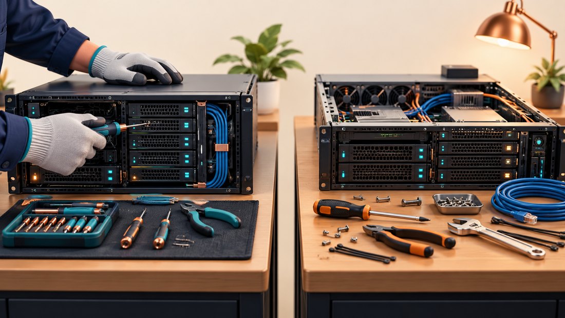 Two technicians handing a server maintenance checklist between them.