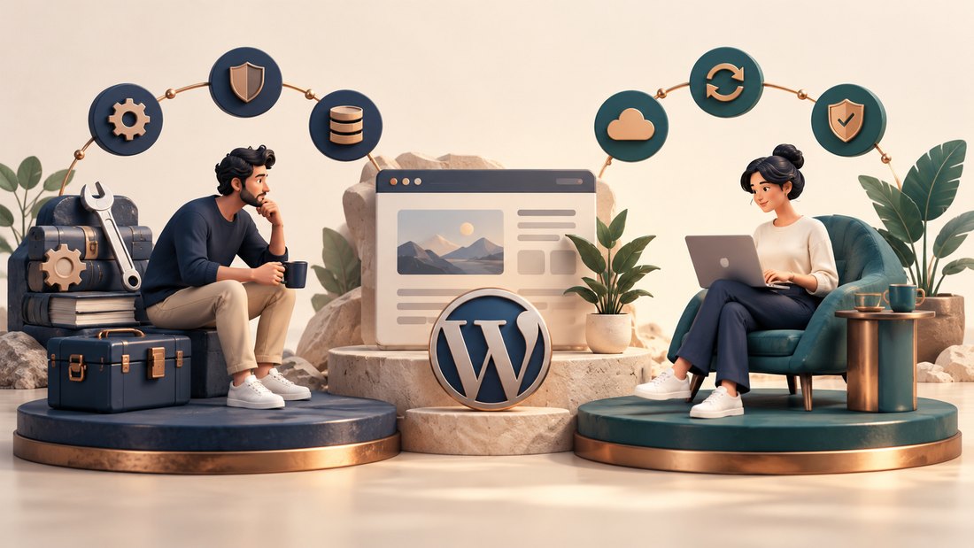 Two distinct WordPress-style hosting workbenches with staging and backup tools.