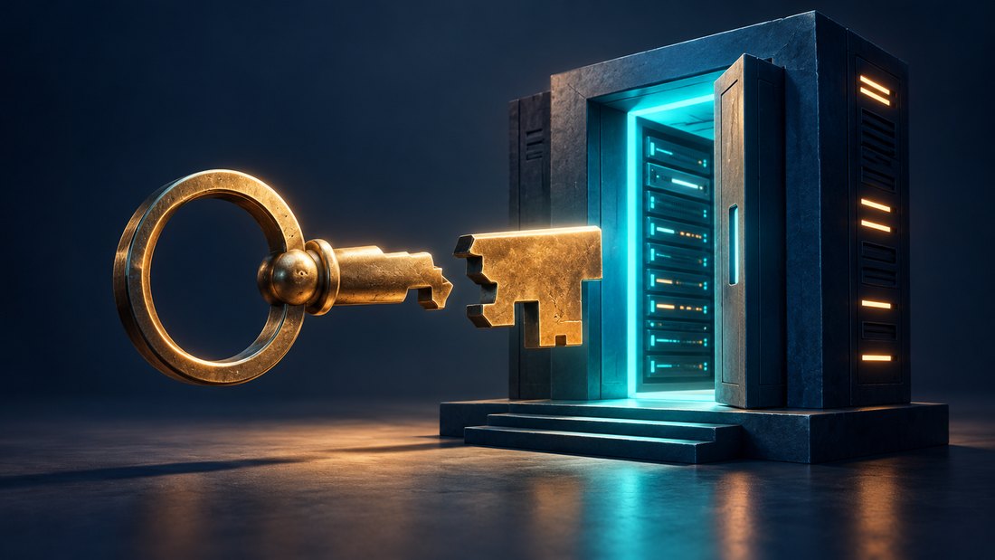 Two complementary keys opening a luminous server doorway