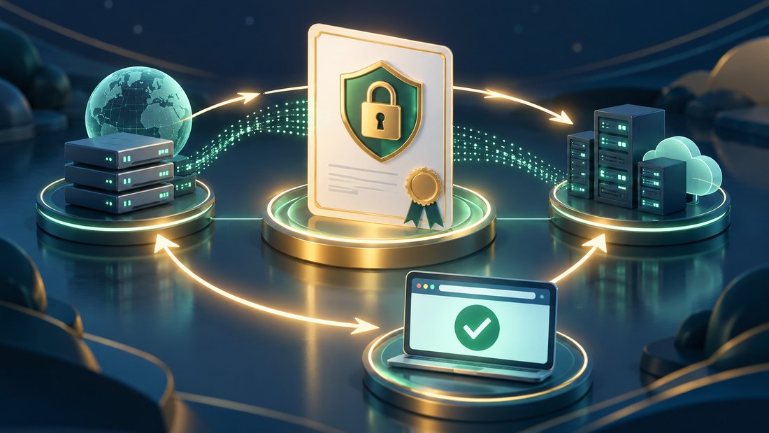 A certificate renewal cycle connecting validation deployment and public verification