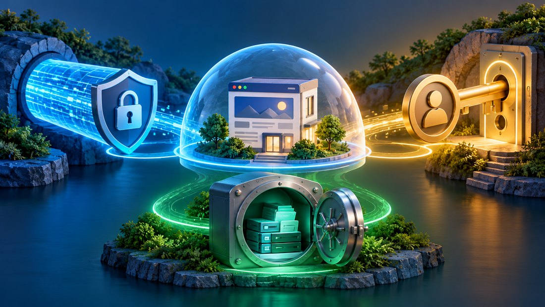 Three separate protections surround website communication, access, and stored recovery copies.