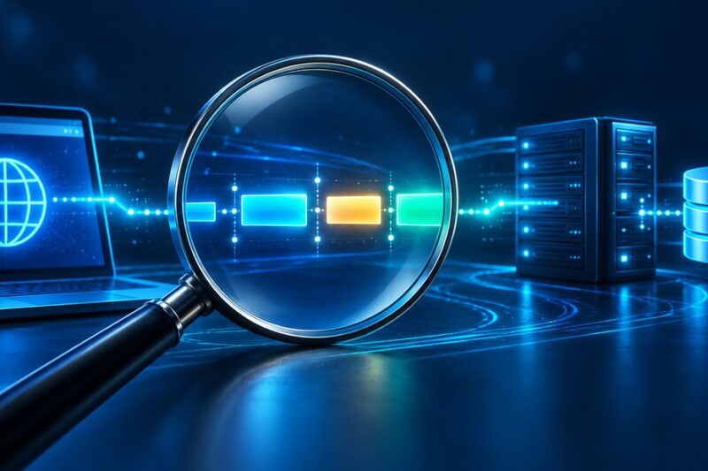 A magnifying lens inspecting distinct stages of a website request