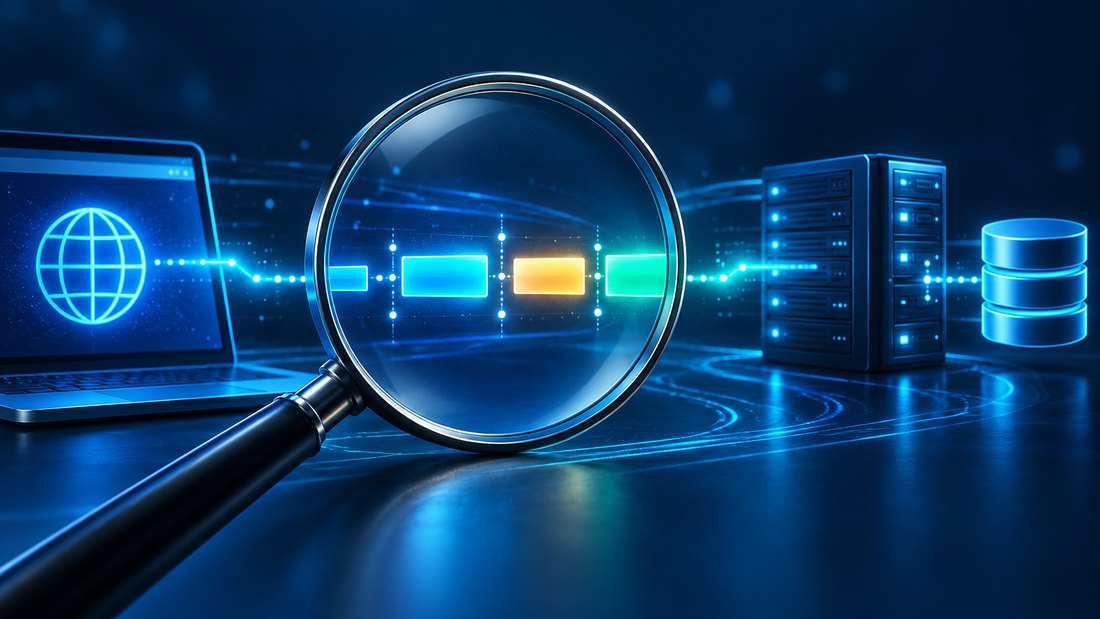 A magnifying lens inspecting distinct stages of a website request