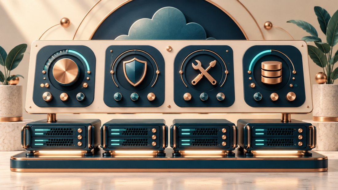 Hosting control console overlooking orderly server modules