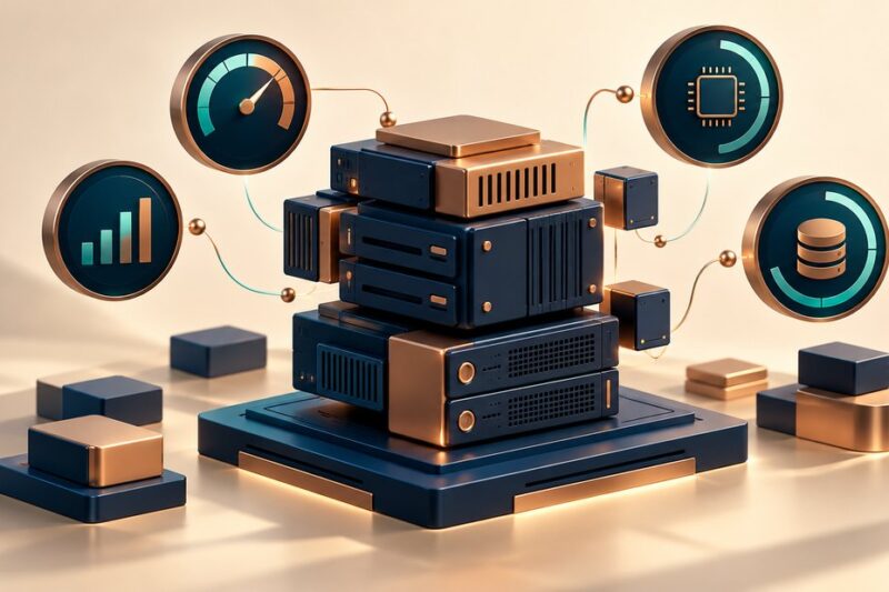 Modular server blocks beside abstract workload gauges