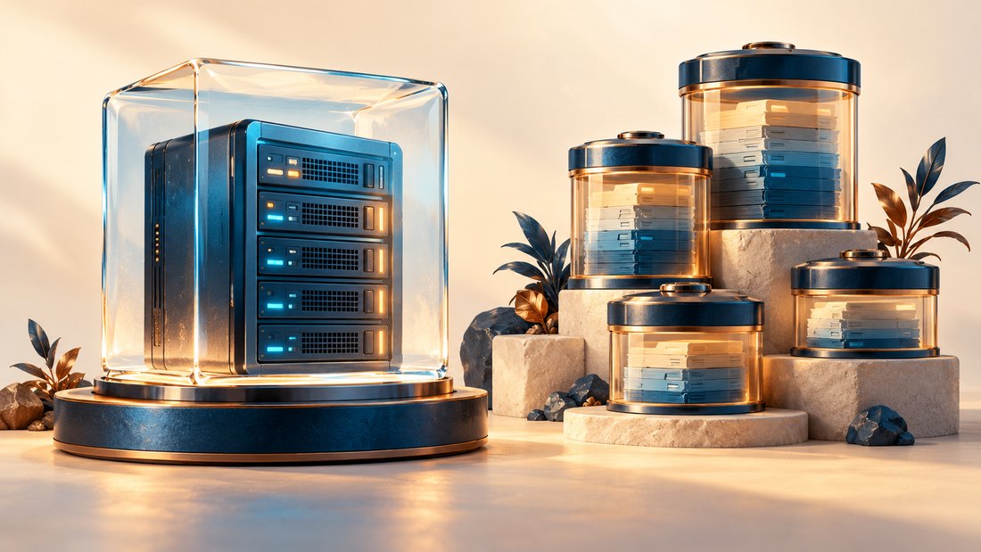 A server moment captured beside layered archival copies
