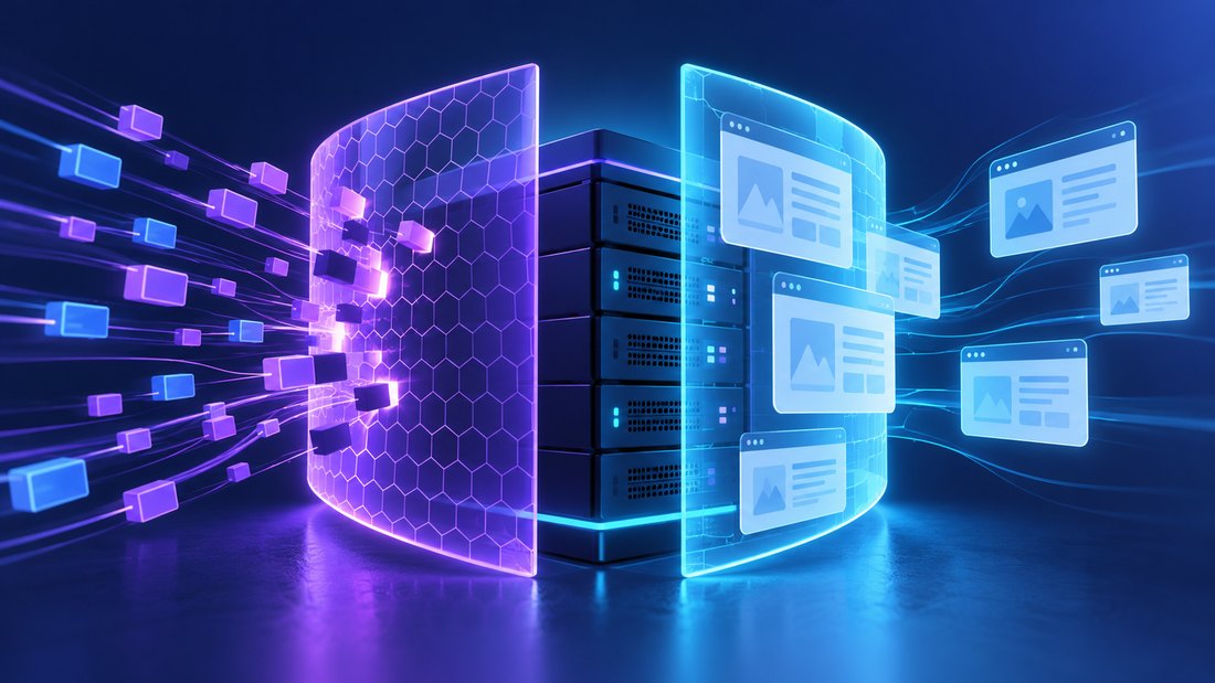 Two protective layers surround a web server and inspect different traffic paths.