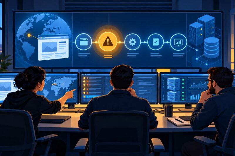 A website operations team coordinates an incident around a central timeline.