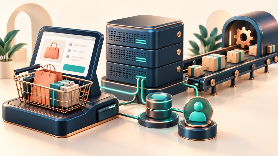 An online store checkout connected to a secure server and background processing queue.