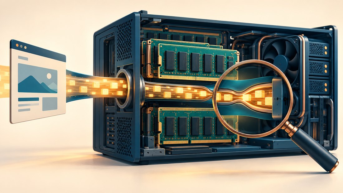 A magnifying lens inspecting a memory module beside a website process.