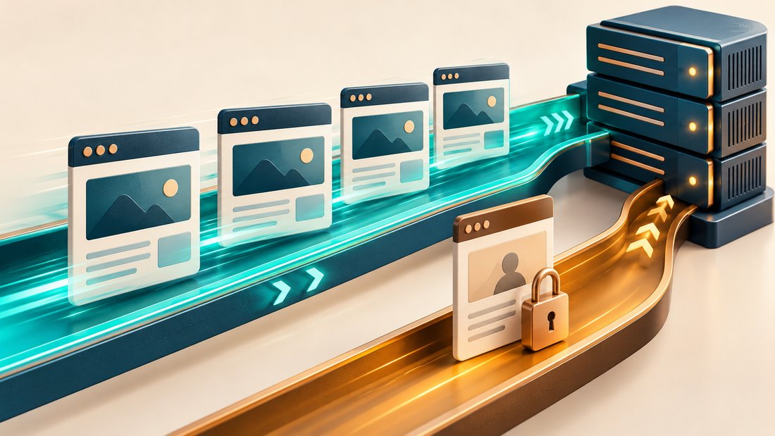 Public website pages passing through a cache while private account pages take a separate route.
